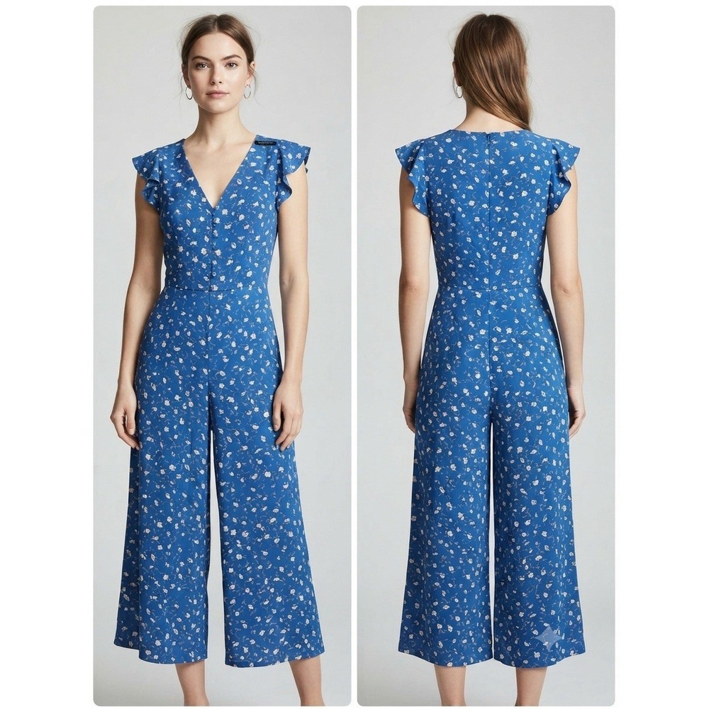 Women's Casual Blue Floral Jumpsuit V-Neck Wide Leg Flutter Sleeve Boho Style M